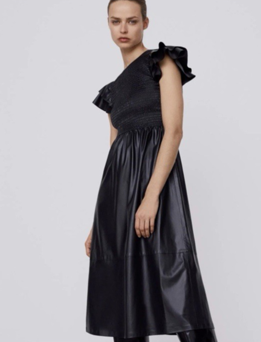 Zara Dress Large Faux Leather Black Midi Short Sleeve Smoked